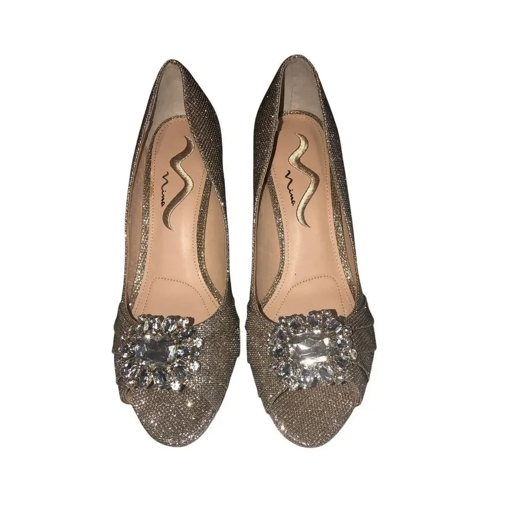 Nina Gold Heels Size 9.5 Crystal Royalcore Regal Wedding Event  Peep Toe Sparkle